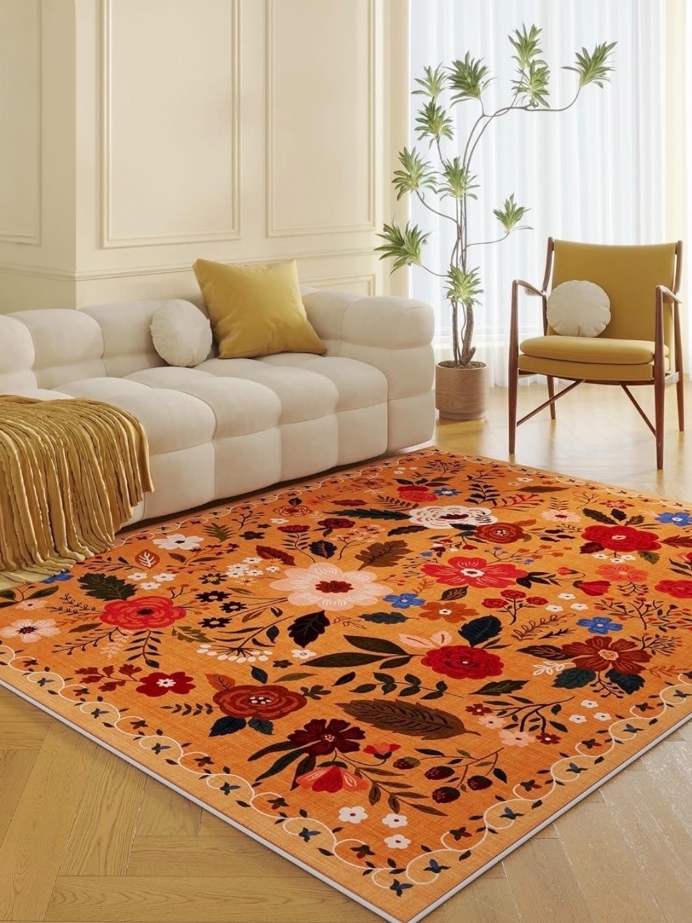 NEW Anthropologie Orange Floral Boho Vintage Multicolor Area Rug Carpet 5' x 7'